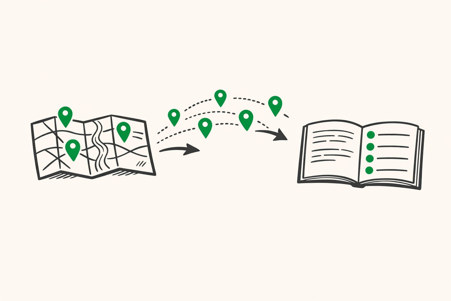 Editorial flat illustration of a folded paper map releasing emerald green pins that flow into an open travel guide booklet