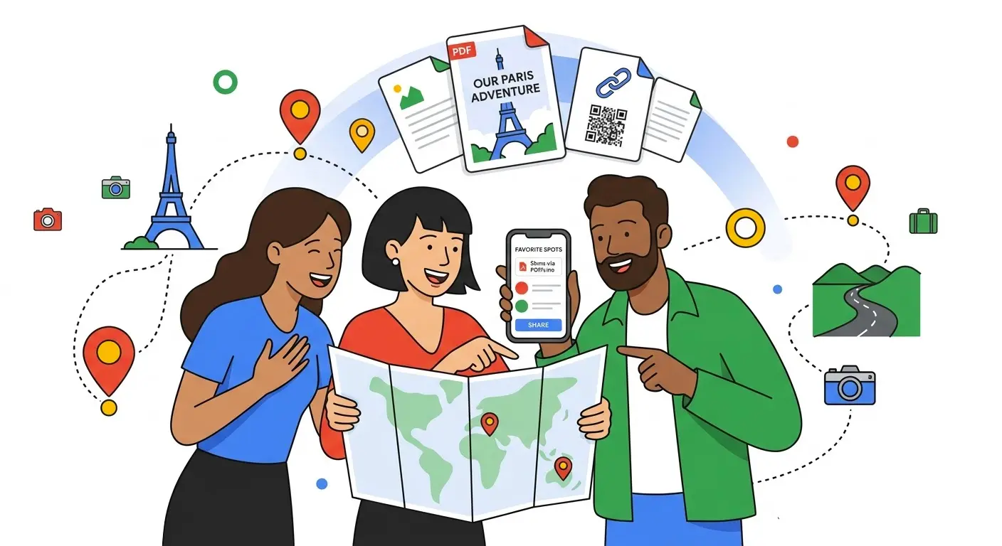 Persone che condividono luoghi di viaggio tramite exportmymap.com — guide PDF, link condivisibili e posti preferiti