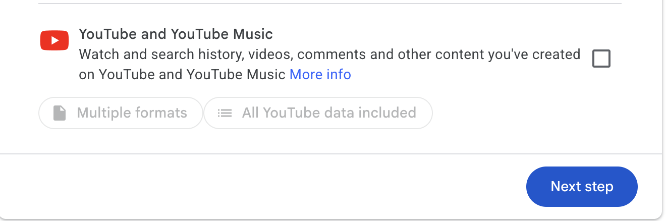 Google Takeout — Next step button at the bottom of the form