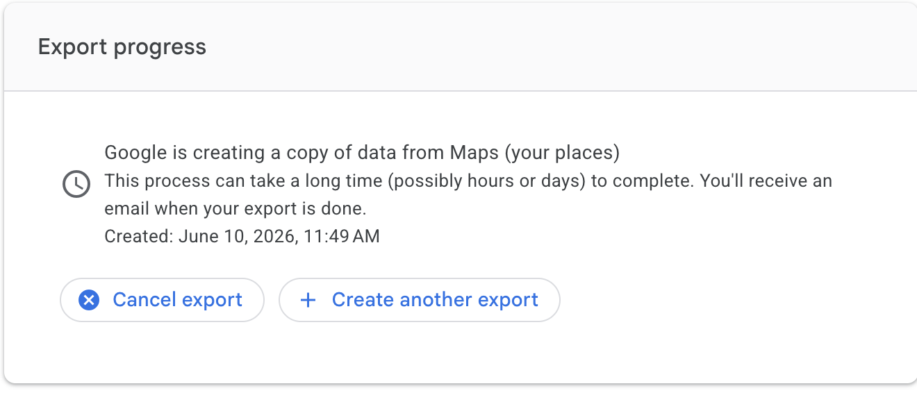 Google Takeout — Export progress screen showing creation time