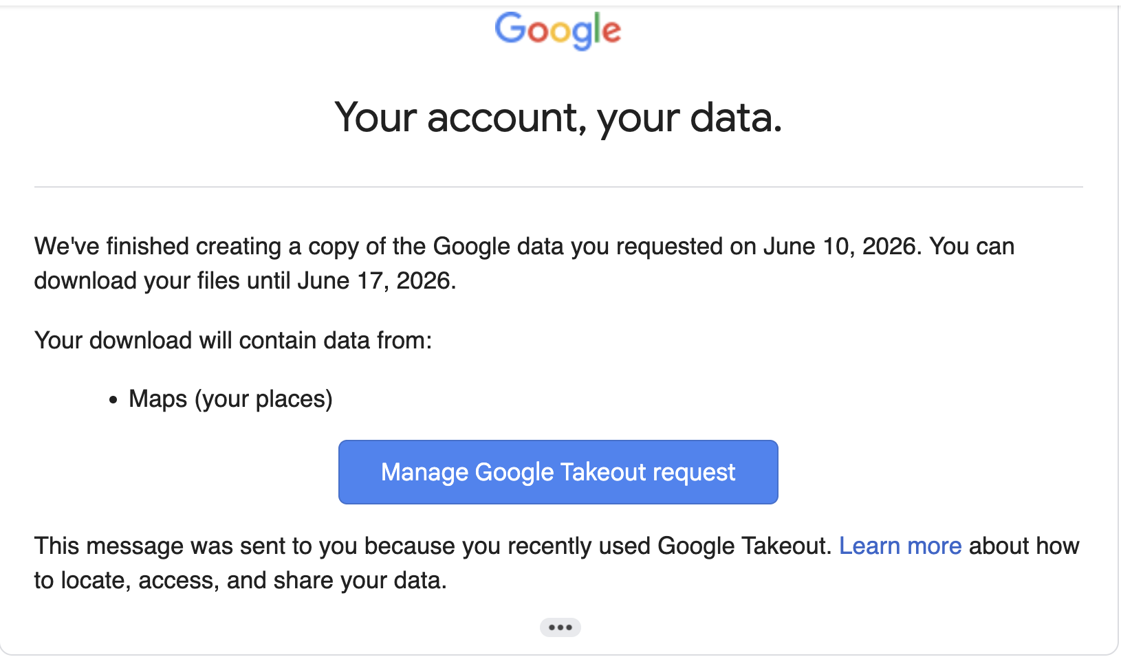 Email from Google with Manage Google Takeout request button